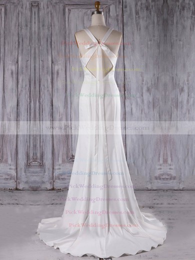 Silk-like Satin V-neck Sweep Train Trumpet/Mermaid with Ruffles Bridesmaid Dresses #PWD01013300