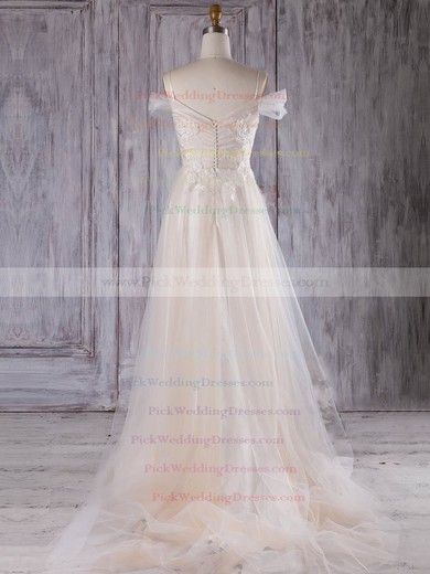 Tulle V-neck Sweep Train A-line with Appliques Lace Bridesmaid Dresses #PWD01013301