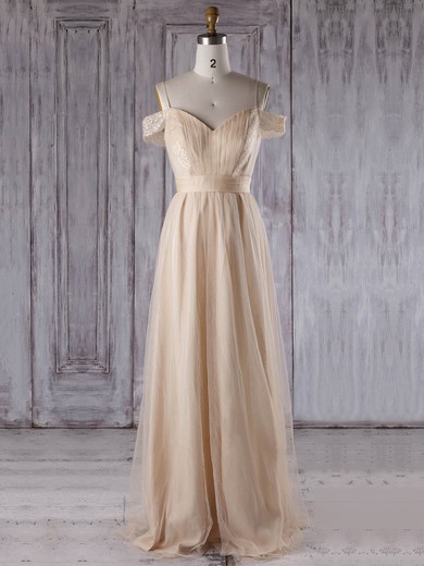 Tulle V-neck Floor-length A-line with Lace Bridesmaid Dresses #PWD01013302