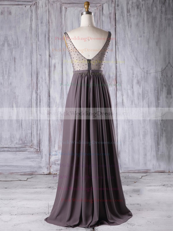 Chiffon|Tulle V-neck Floor-length A-line with Pearl Detailing Bridesmaid Dresses #PWD01013304
