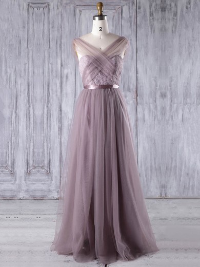 Lace|Tulle V-neck Floor-length A-line with Sashes / Ribbons Bridesmaid Dresses #PWD01013308