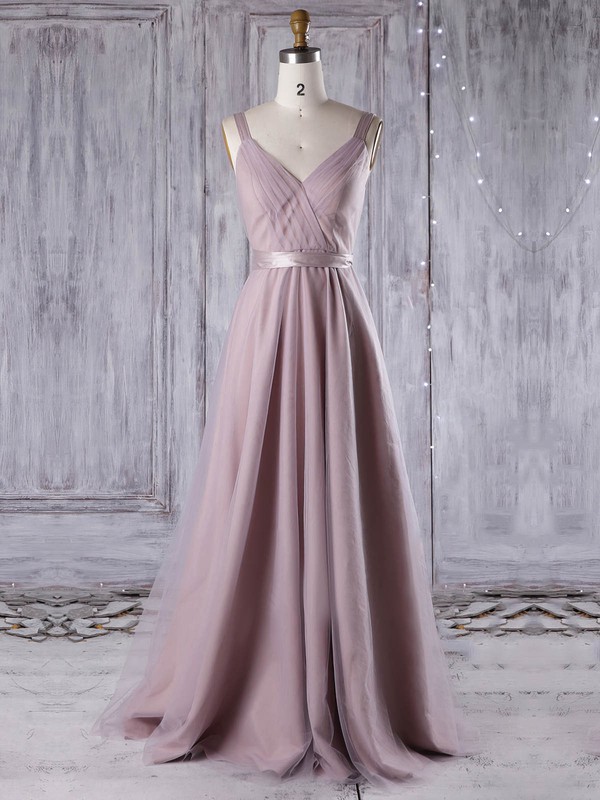 Tulle V-neck Floor-length A-line with Sashes / Ribbons Bridesmaid Dresses #PWD01013311