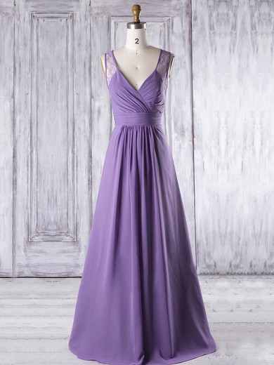Lace|Chiffon V-neck Floor-length A-line with Ruffles Bridesmaid Dresses #PWD01013319