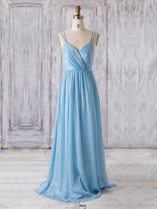 Chiffon V-neck Floor-length A-line with Lace Bridesmaid Dresses #PWD01013320