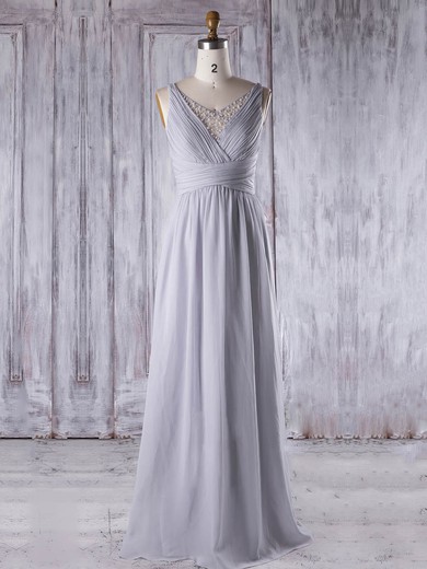Chiffon|Tulle V-neck Floor-length A-line with Pearl Detailing Bridesmaid Dresses #PWD01013331