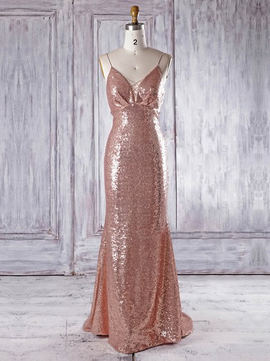 Sequined V-neck Sweep Train Trumpet/Mermaid with Ruffles Bridesmaid Dresses #PWD01013336