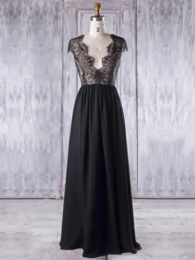 Chiffon|Tulle V-neck Floor-length A-line with Lace Bridesmaid Dresses #PWD01013337