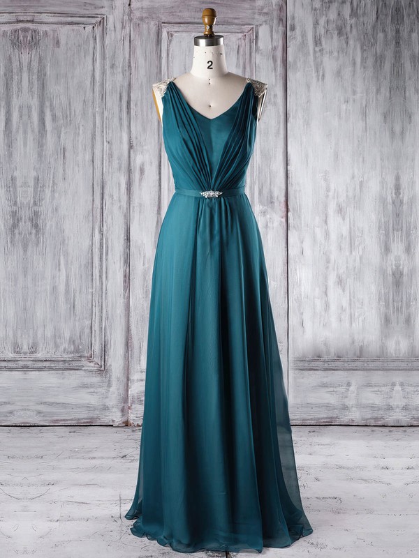 Chiffon V-neck Floor-length A-line with Sashes / Ribbons Bridesmaid Dresses #PWD01013338