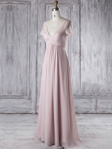 Lace|Chiffon V-neck Floor-length Empire with Ruffles Bridesmaid Dresses #PWD01013339