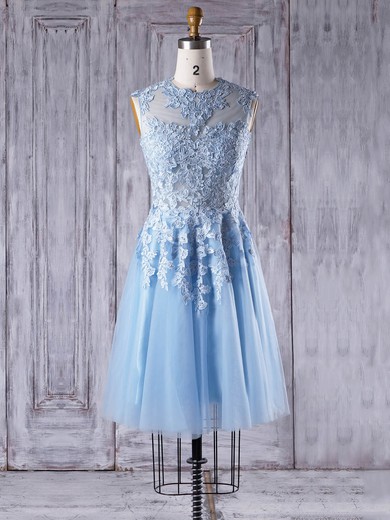 Tulle Scoop Neck Short/Mini A-line with Appliques Lace Bridesmaid Dresses #PWD01013342