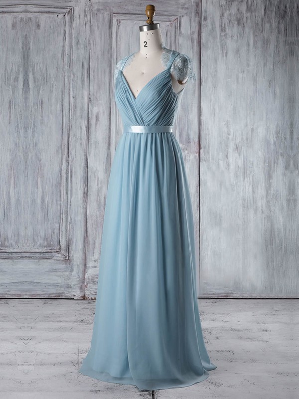 Lace|Chiffon V-neck Floor-length A-line with Sashes / Ribbons Bridesmaid Dresses #PWD01013345