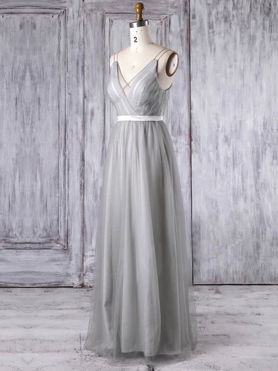 Tulle V-neck Floor-length A-line with Sashes / Ribbons Bridesmaid Dresses #PWD01013347