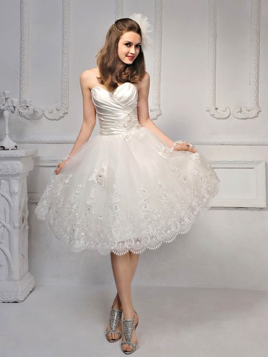 Princess Ivory Satin Lace Sweetheart with Lace-up Knee-length Wedding Dress #PWD00017014