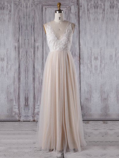 Tulle V-neck Floor-length A-line with Appliques Lace Bridesmaid Dresses #PWD01013351