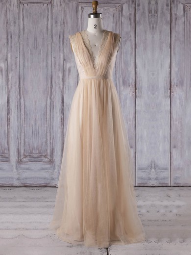 Lace|Tulle V-neck Floor-length A-line with Sashes / Ribbons Bridesmaid Dresses #PWD01013353