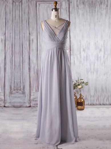 Chiffon V-neck Floor-length A-line with Ruffles Bridesmaid Dresses #PWD01013364