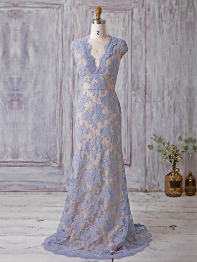 Tulle V-neck Sweep Train Sheath/Column with Appliques Lace Bridesmaid Dresses #PWD01013370