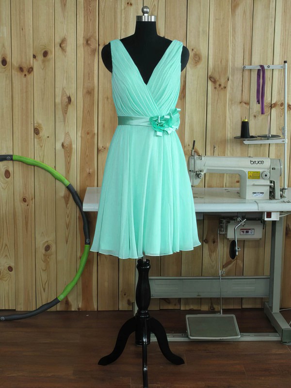 Chiffon V-neck Short/Mini A-line with Sashes / Ribbons Bridesmaid Dresses #PWD01013380