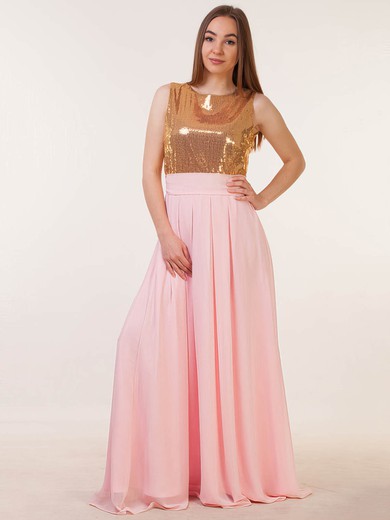 Chiffon|Sequined Scoop Neck Floor-length A-line with Sashes / Ribbons Bridesmaid Dresses #PWD01013386