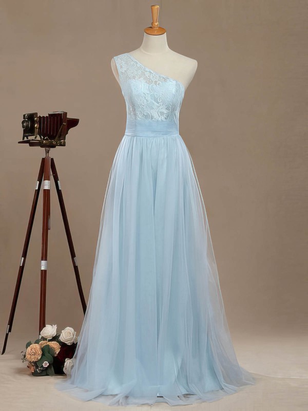 Tulle One Shoulder Floor-length A-line with Lace Bridesmaid Dresses #PWD01013390