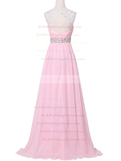 Tulle|Chiffon Scoop Neck Sweep Train A-line with Crystal Detailing Bridesmaid Dresses #PWD01013394