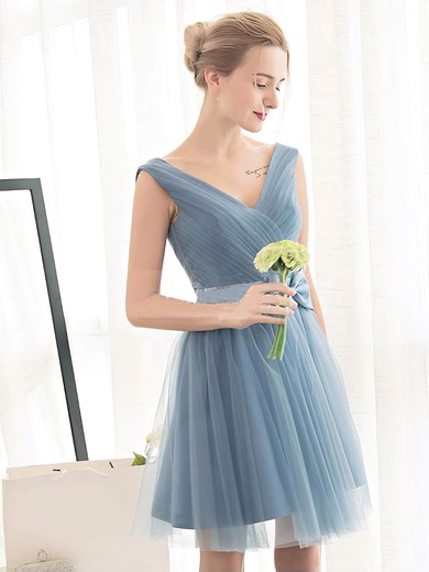 Tulle V-neck Short/Mini A-line with Sashes / Ribbons Bridesmaid Dresses #PWD01013399