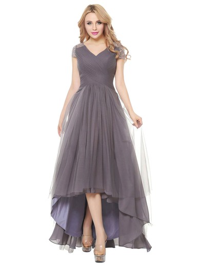Tulle V-neck Asymmetrical A-line with Beading Bridesmaid Dresses #PWD01013401