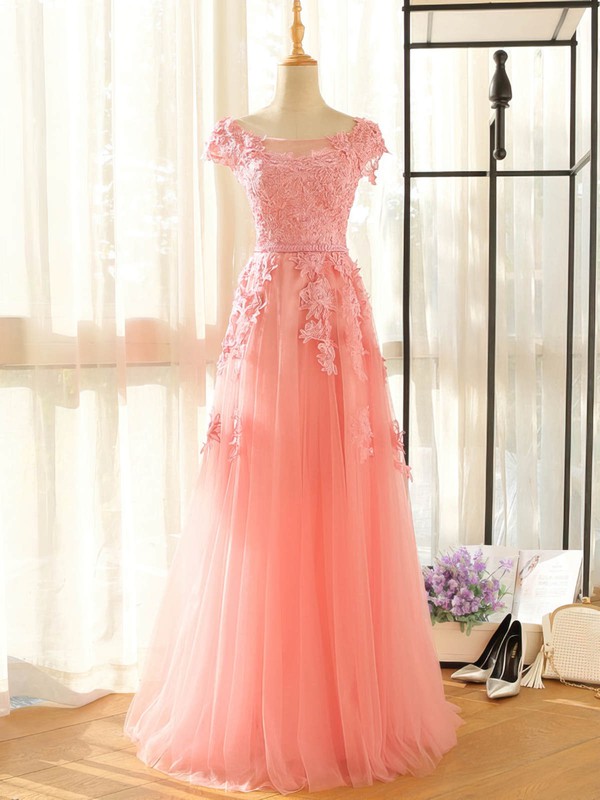 Tulle Scoop Neck Floor-length A-line with Appliques Lace Bridesmaid Dresses #PWD01013407