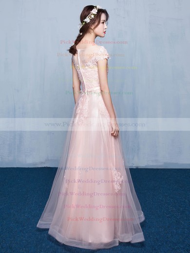 Tulle Scoop Neck Floor-length A-line with Appliques Lace Bridesmaid Dresses #PWD01013414
