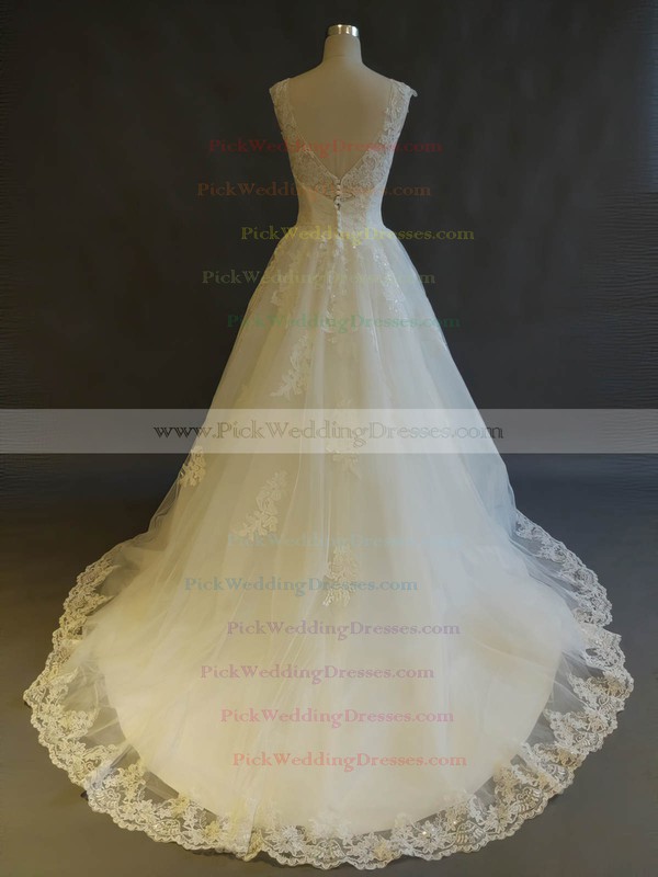 Tulle Scoop Neck Sweep Train Ball Gown with Appliques Lace Wedding Dresses #PWD00022899