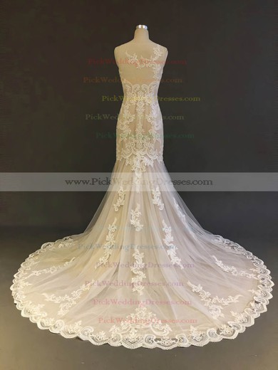 Tulle Scoop Neck Court Train Trumpet/Mermaid with Appliques Lace Wedding Dresses #PWD00022903