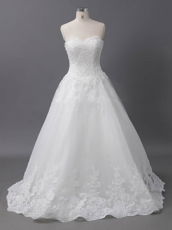 Tulle Sweetheart Court Train Ball Gown with Sequins Wedding Dresses #PWD00022905