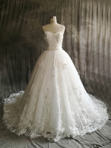 Tulle Sweetheart Court Train Ball Gown with Flower(s) Wedding Dresses #PWD00022912