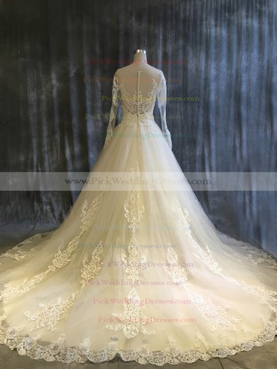 Tulle Scoop Neck Chapel Train Ball Gown with Appliques Lace Wedding Dresses #PWD00022913