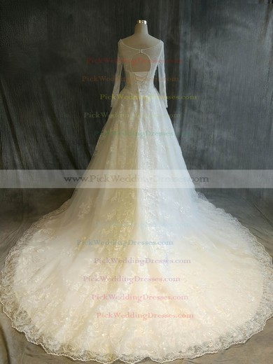 Tulle Scoop Neck Chapel Train Ball Gown with Sequins Wedding Dresses #PWD00022917