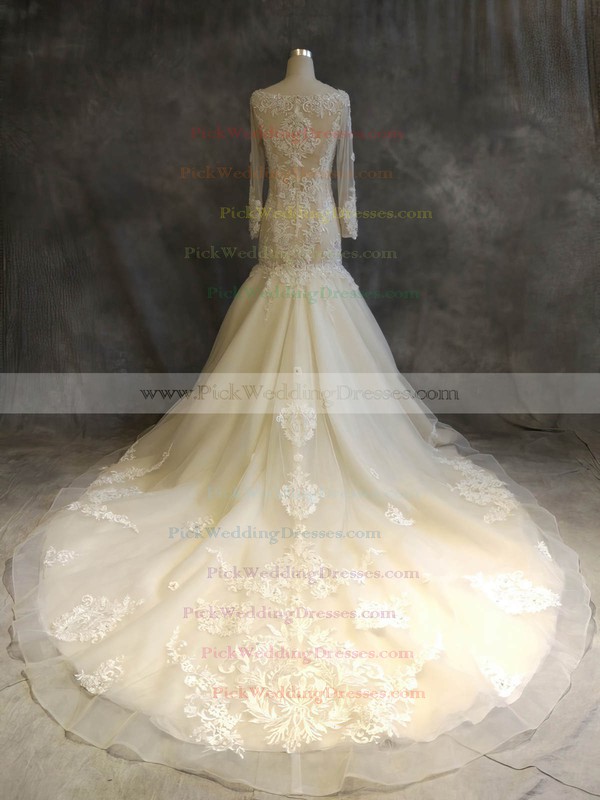 Organza Tulle Scoop Neck Chapel Train Trumpet/Mermaid with Appliques Lace Wedding Dresses #PWD00022918