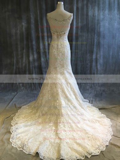 Tulle Lace V-neck Sweep Train Trumpet/Mermaid with Sequins Wedding Dresses #PWD00022920