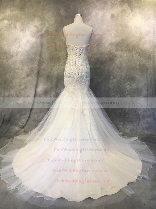 Tulle Sweetheart Court Train Trumpet/Mermaid with Pearl Detailing Wedding Dresses #PWD00022922