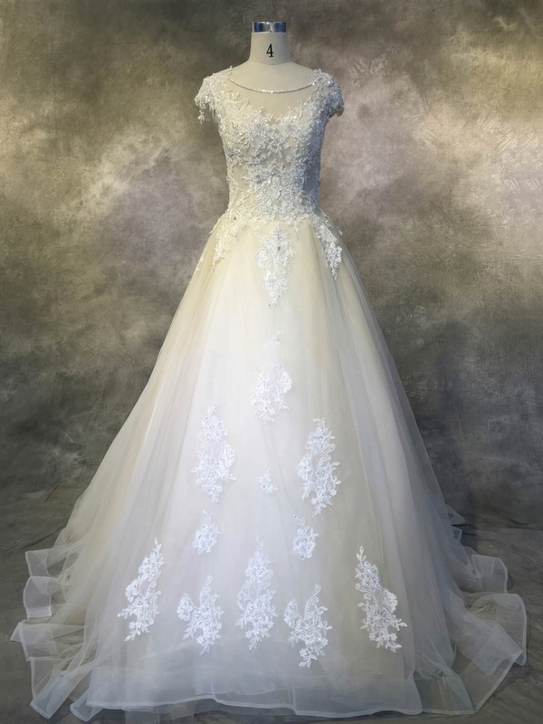 Tulle Scoop Neck Cathedral Train Ball Gown with Appliques Lace Wedding Dresses #PWD00022924