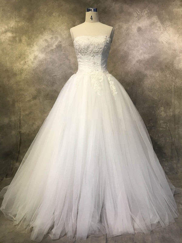 Tulle Strapless Court Train Ball Gown with Appliques Lace Wedding Dresses #PWD00022925