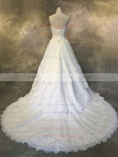 Tulle Sweetheart Court Train A-line with Appliques Lace Wedding Dresses #PWD00022927