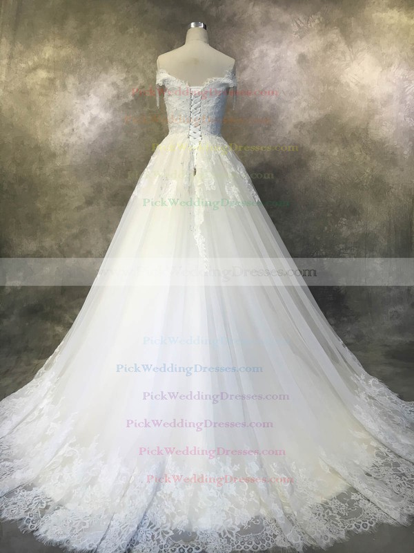 Tulle Off-the-shoulder Court Train Ball Gown with Beadings Wedding Dresses #PWD00022929