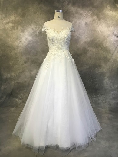 Tulle Scoop Neck Court Train Ball Gown with Appliques Lace Wedding Dresses #PWD00022930