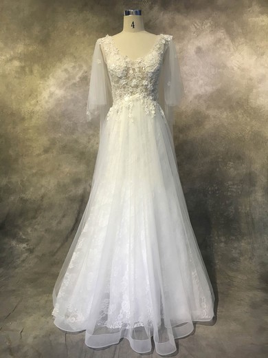 Tulle Lace V-neck Court Train A-line with Appliques Lace Wedding Dresses #PWD00022936