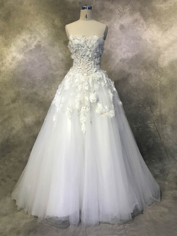 Tulle Strapless Chapel Train Ball Gown with Appliques Lace Wedding Dresses #PWD00022937
