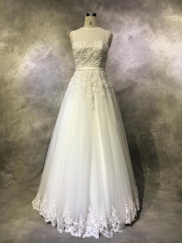 Tulle Scoop Neck Floor-length Princess with Sashes / Ribbons Wedding Dresses #PWD00022939