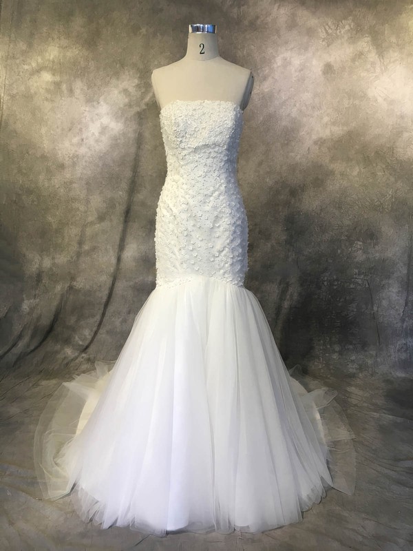 Tulle Strapless Court Train Trumpet/Mermaid with Flower(s) Wedding Dresses #PWD00022940