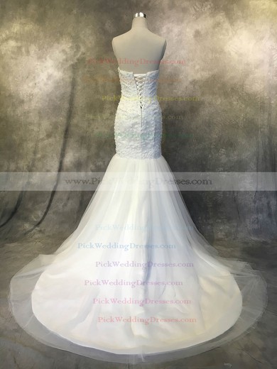 Tulle Strapless Court Train Trumpet/Mermaid with Flower(s) Wedding Dresses #PWD00022940