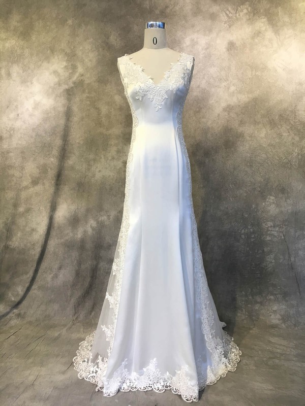 Satin Tulle V-neck Court Train Trumpet/Mermaid with Appliques Lace Wedding Dresses #PWD00022941