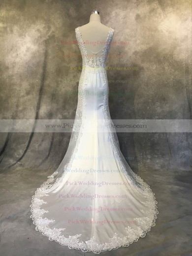 Satin Tulle V-neck Court Train Trumpet/Mermaid with Appliques Lace Wedding Dresses #PWD00022941